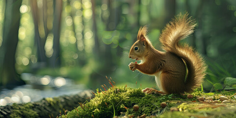 cute squirrel is sitting on moss and eating nuts, generative AI
