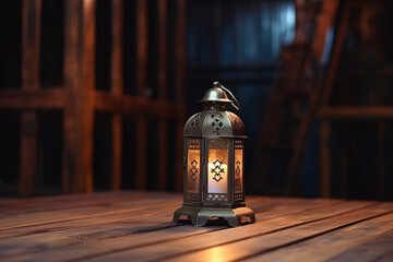 An antique metal lantern with glass panels rests on a rustic wooden surface