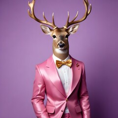 Creative animal concept. Deer in glam fashionable couture high end outfits isolated on bright background advertisement, copy space. birthday party invite invitation 