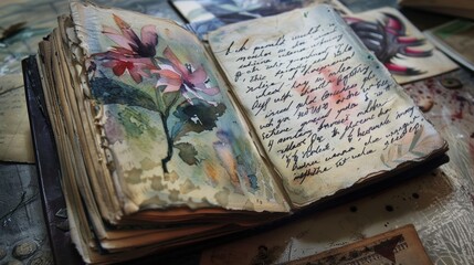 A journal open to a page filled with a handwritten letter to oneself adorned with sketches and watercolor washes serving as a theutic outlet for inner reflection.