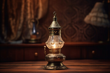 An antique brass lamp with intricate Arabic decorations sits on a table
