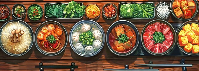 Top view of the Japanese hotpot-style illustration of a shabu hotpot set.