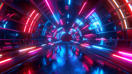 Glowing neon light lines in a space tunnel with a colorful fireworks background