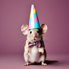 Creative animal concept. Mouse rodent in party cone hat necklace bowtie outfit isolated on solid pastel background advertisement, copy text space. birthday party invite 