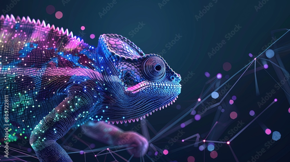 Wall mural digital chameleon in neon colors. big data visualization. information aesthetic design. animal learn