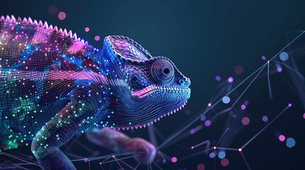 Digital chameleon in neon colors. Big data visualization. Information aesthetic design. Animal learning. Generative AI