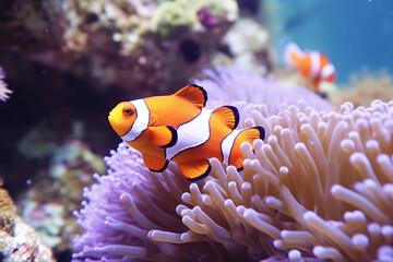 Vibrant clownfish nestled in a sea anemone amongst a colorful coral reef
