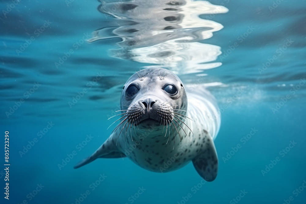 Wall mural a wet, whiskered seal swims playfully in the ocean