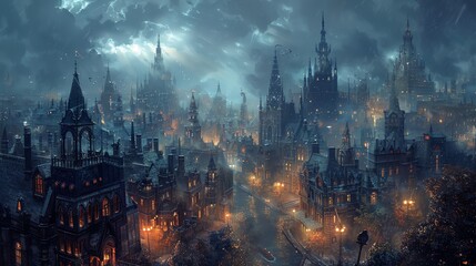 Obraz premium Capture a panoramic view of a gothic noir cityscape at dusk, featuring towering spires, intricate gargoyles, flickering gaslights, and mysterious alleyways, using dark and brooding hues in an oil pain