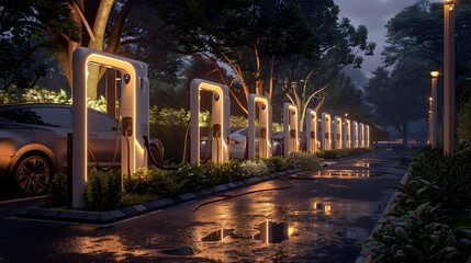 Power supply connect to electric car for add charge to the battery. Charging re technology industry transport which are the future of the Automobile.