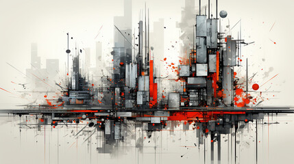 Dark White and Gold Color Futuristic Cityscape Abstraction