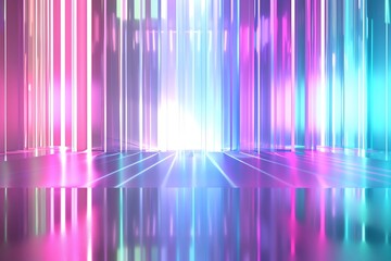 Abstract background with neon lights of green blue white pink violet colors glowing perpendicular lines on shiny reflecting stage