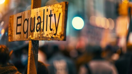 A weathered Equality sign standing amidst a crowd of protesters, symbolizing the ongoing fight for equal rights and social justice