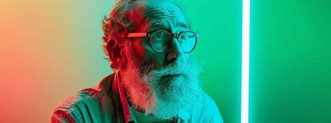 Portrait of serious elderly bearded male hipster in glasses looking away while standing against green background illuminated by neon light