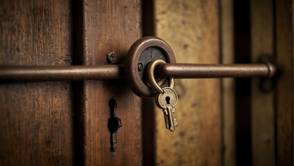 Obraz premium A solitary key rests on an antique lock, hinting at untold stories of secrecy and security ai_generated