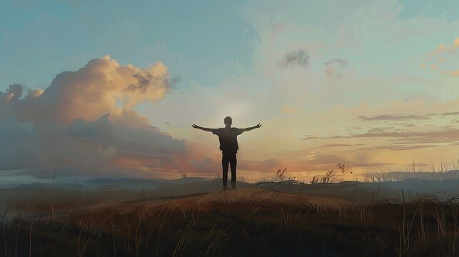 The photo shows a man standing alone in a field, with his arms outstretched