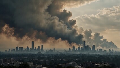 Obraz premium Thick billows of smoke obscure the skyline, shrouding the city in mystery and intrigue ai_generated