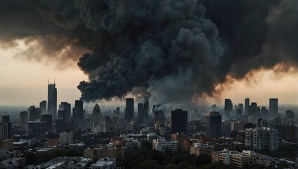Thick billows of smoke obscure the skyline, shrouding the city in mystery and intrigue ai_generated