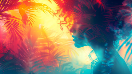 A woman with curly hair is standing in a jungle with palm trees