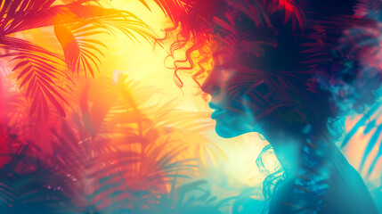 Obraz premium A woman with curly hair is standing in a jungle with palm trees