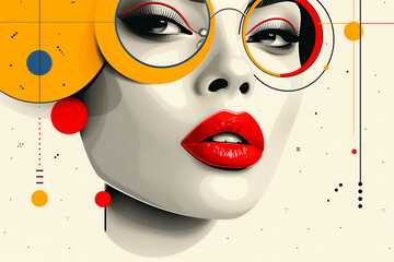 A woman with red lips and glasses is the main focus of the image