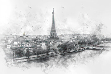 Pencil sketch illustration of Paris cityscape with the Eiffel Tower