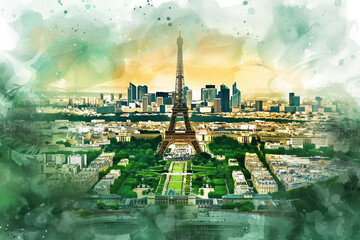 Green watercolor paint of Paris cityscape with the Eiffel Tower