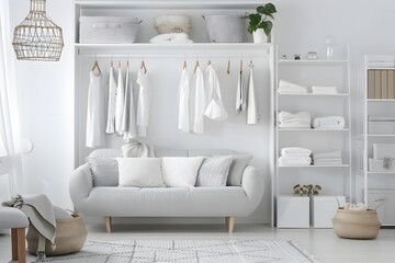 White modern minimalist bedroom with white wooden shelves and an open closet full of and shoes on hangers, basket boxes and a soft grey sofa in the center of the room