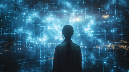 Digital Dreamscape: Woman Gazing into a Luminous Data Matrix