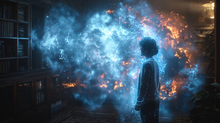 Fototapeta premium Astral Discovery: Young Explorer Confronts a Supernova in His Library