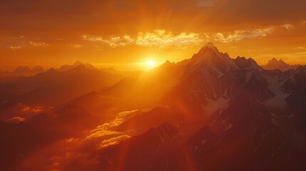 Sunrise over the peaks of Shangri La, casting a golden glow over the Himalayan landscape.