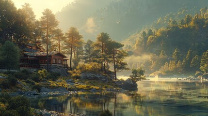 Fototapeta premium Morning light in Shangri La: A serene and tranquil atmosphere in the Himalayas.