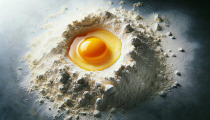 小麦粉の上に落ちた生卵