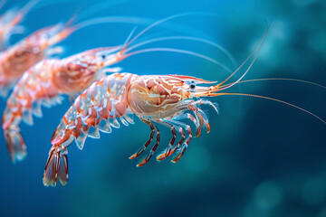 Freshwater shrimp and a colorful octopus in aquariums showcase the variety of shellfish alongside their wild counterpart in a river