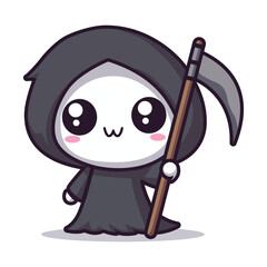 cute grim reaper holding scythe cartoon character vector illustration template design