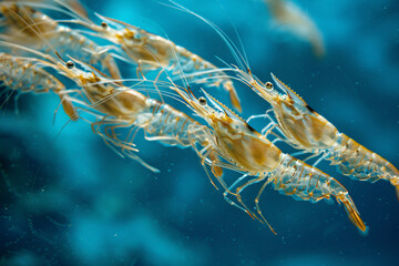 Abstract blue light illuminates a shrimp drifting in an isolated sea water tank