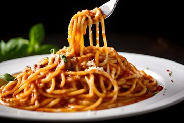 Appetizing spaghetti rolled on fork with typical Italian sauce