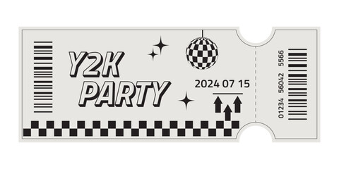 Trendy Retro ticket template . Hippie style party ticket with futuristic elements. Y2k style design.