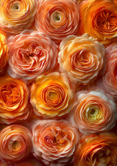 A close up of many orange flowers with a yellow center