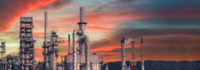 Banner Oil refinery gas petrol plant industry with crude tank, gasoline supply chemical factory....