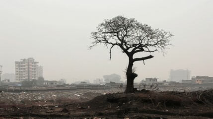 A barren tree standing alone in a polluted urban landscape, its branches twisted and gnarled