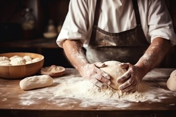 Close-up view of a male hands kneading dough on a board sprinkled with flour.