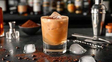 cocktail drink with coffee and cocoa liquor, irish cream, ground coffee and ice in glass, dark bar counter background