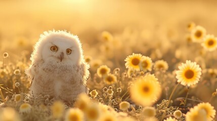 Cute fluffy white owl, beautiful Backlight, early september morning