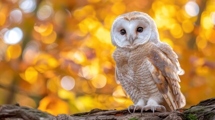Cute fluffy white owl, beautiful Backlight, early september morning