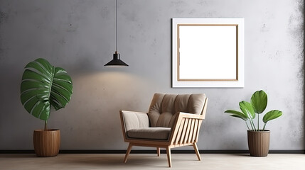 Part of the interior in a minimalist style against the background of a dark gray concrete wall. An armchair, house plant and a big art in modern home decoration. Photo with copy space.