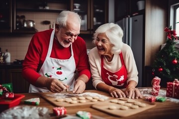 Happy elderly Asian couple cooks delicious gingerbread men for Christmas holiday at home
