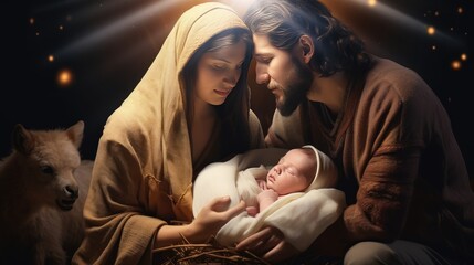 Holy family in divine light holds little newly born Jesus in arms in barn at sunset © Stavros's son