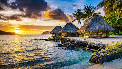 Thatched Huts on an Ocean Island