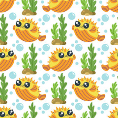 Puffer fish seamless vector pattern. A funny orange animal swims among reef seaweed, bubbles. Happy aquarium fugu with spines. Underwater ocean blowfish, wild life. Cartoon marine background for kids